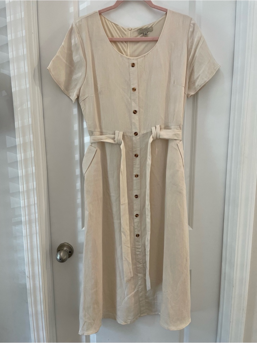Polagram Cream Button-Front Midi Dress with Tie Waist